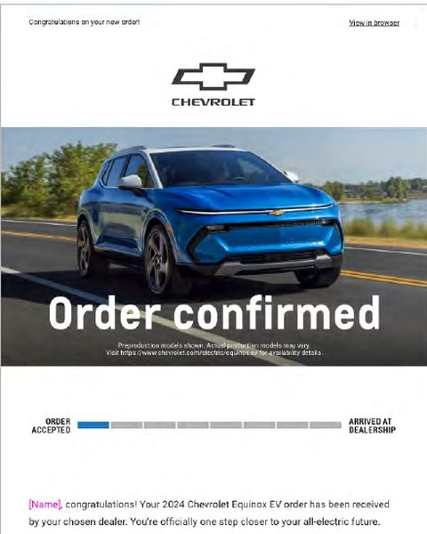 Chevrolet Equinox EV order email: Order confirmed