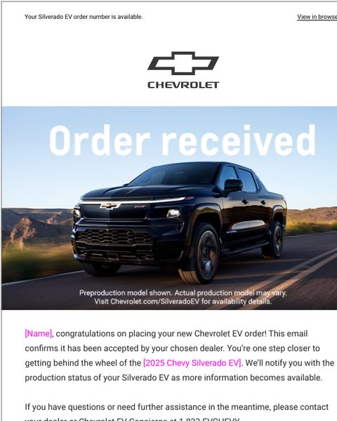 Chevrolet Silverado EV order email: Order received