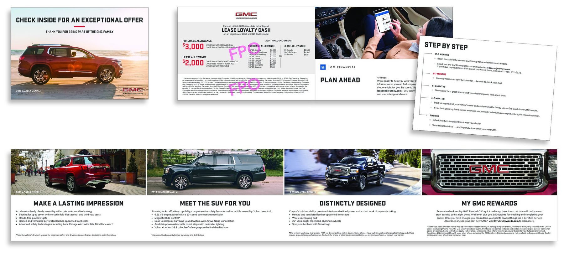 GMC lease-end direct mail, lease loyalty offer mailer: Check inside for an exceptional offer